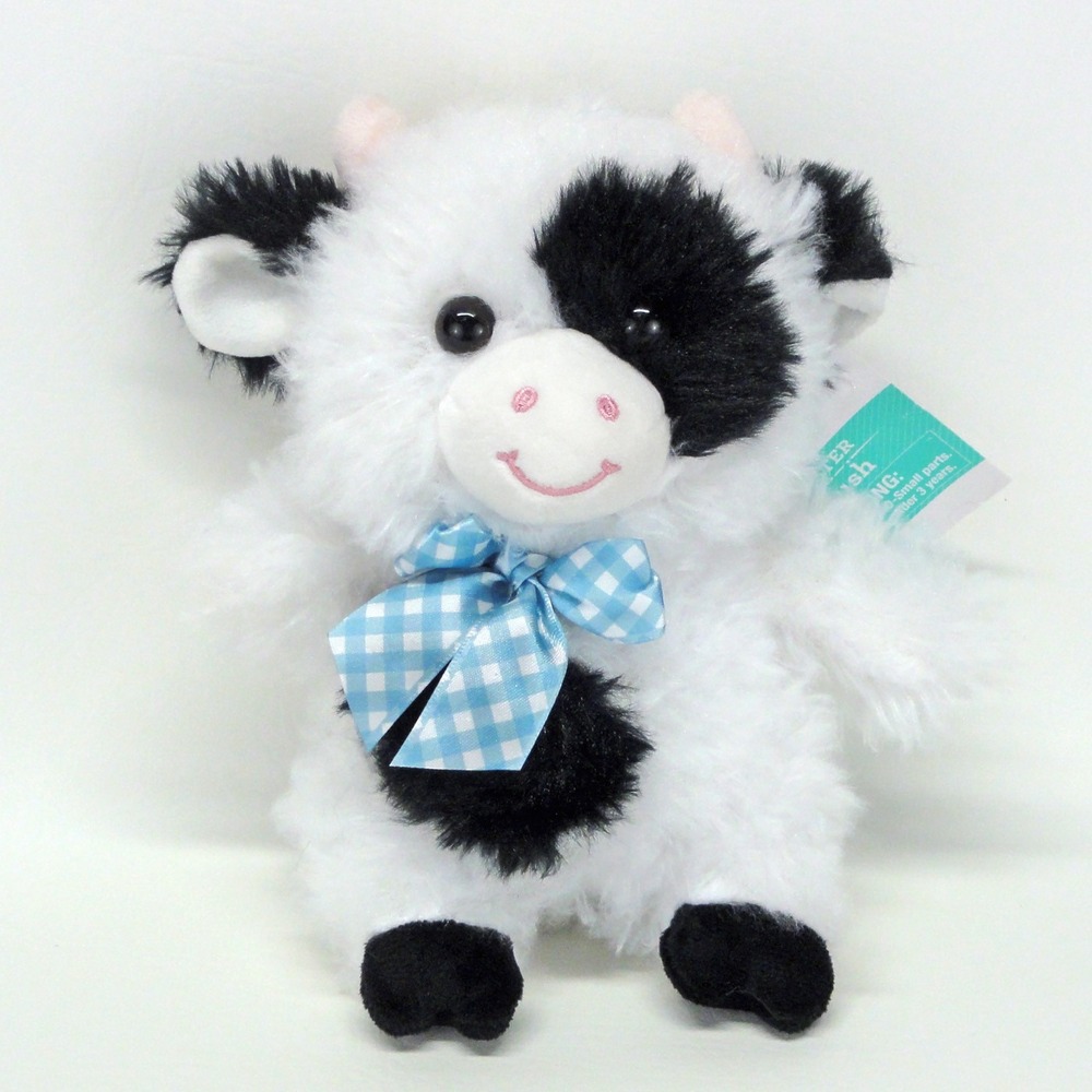 Walmart Small Shaggy Cow Plush Black White 9 Inch Blue Plaid Satin Bow Stuffed
